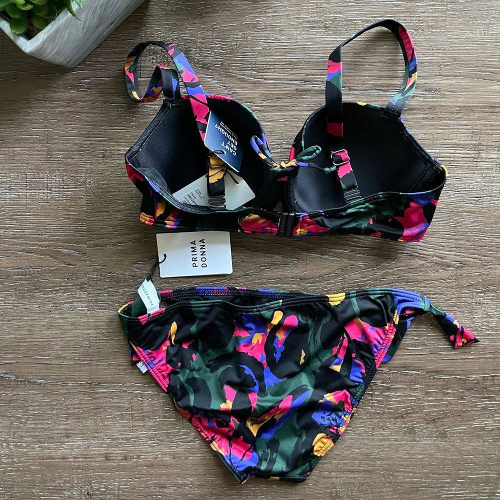 Prima Donna Black Oasis Bikini Set Top 32D + Bottoms S Black Cactus Adjustable - Picture 6 of 16